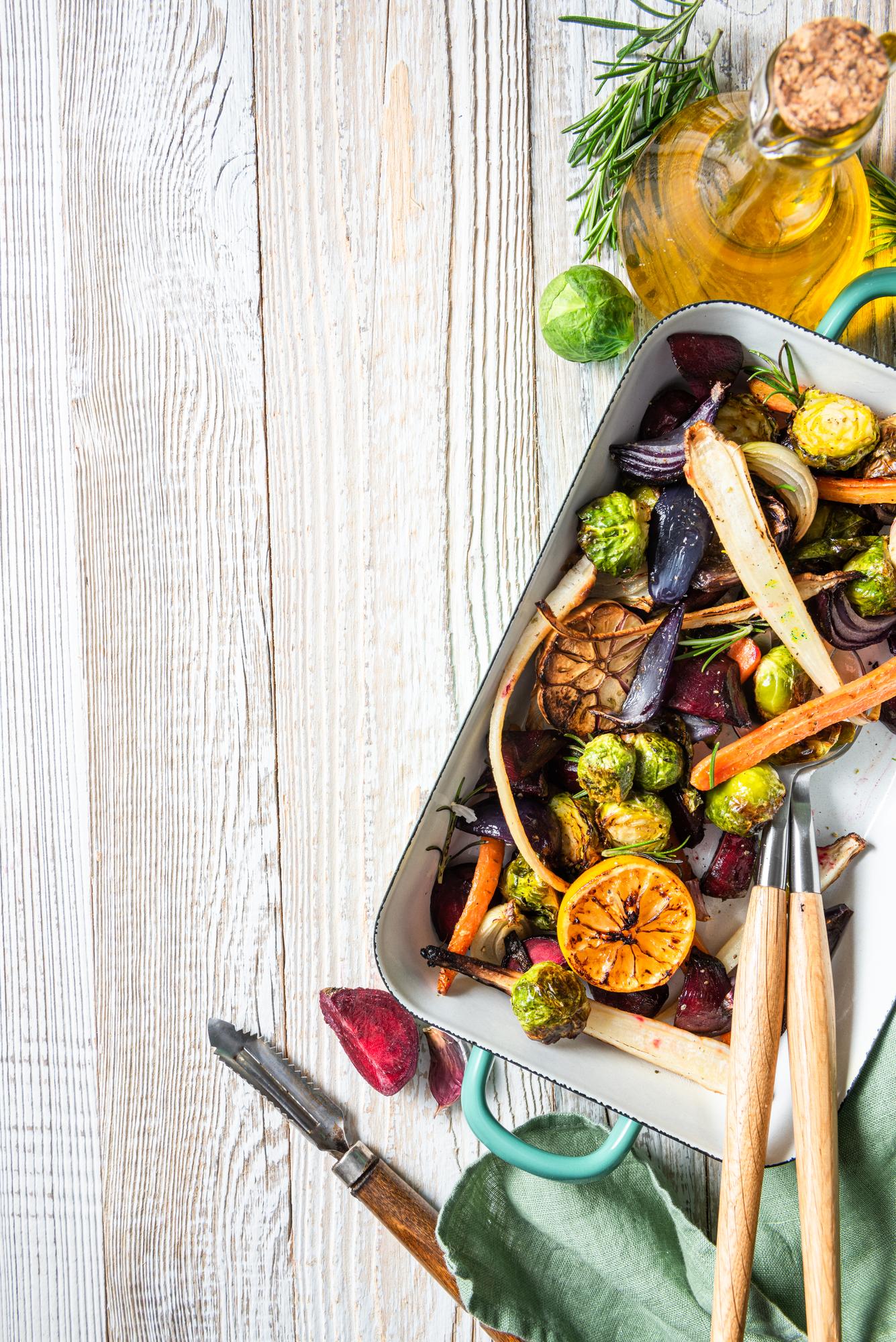 Tray of roasted vegetables and herbs